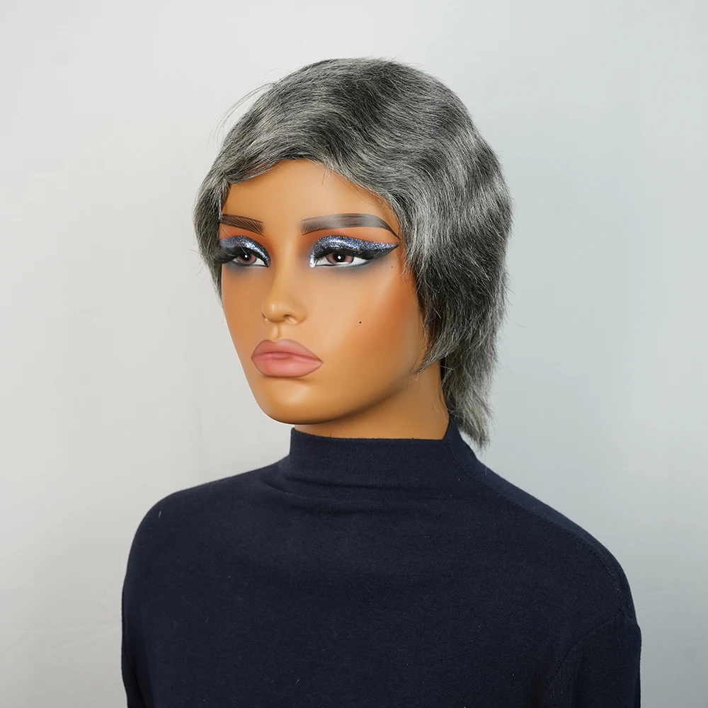 Серый Finger Wave Curly Short Pixie Cut Парик Бразильские человеческие волосы Парики для женщин Полный машинный короткий вьющийся парик из 100% человеческих волос