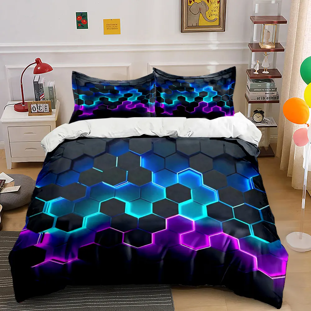 3D Cube Neon Light Bedding Set 3 Pieces Modern Techno Geometric Pattern Duvet Cover with Pillowcases for Single/Queen/King Size