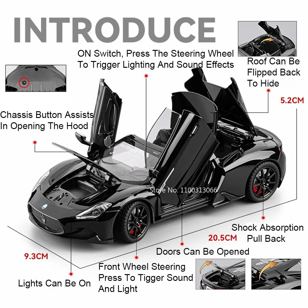 Tourbillon MC20 en alliage moulé sous pression 1:24, modèle de voitures, portes de jouets pouvant ouvertes, roue de voiture Miniature, véhicule rétractable, cadeaux de Festival pour enfants