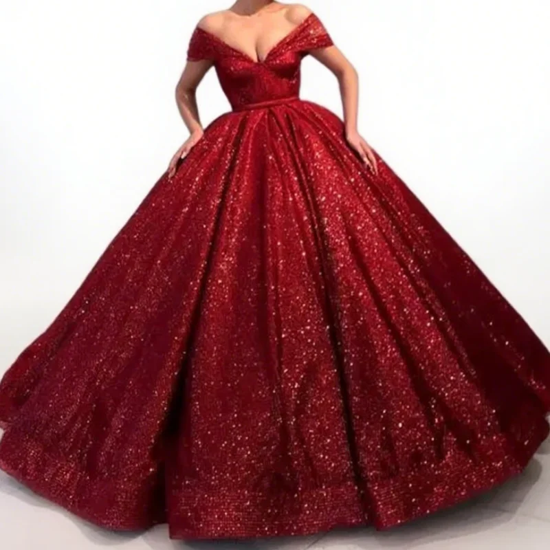 Gaun Malam Merah Laris Gaun Pesta Leher V Bahu Terbuka Gaun Prom Berpayet Gaun Acara Khusus Disesuaikan