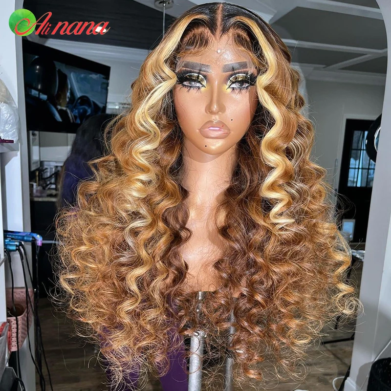 

Highlight Blonde Lace Frontal Wigs Loose Curly Deep Wave Brazilian Transparent Highlight Brown 5x5 Lace Closure Human Hair Wigs