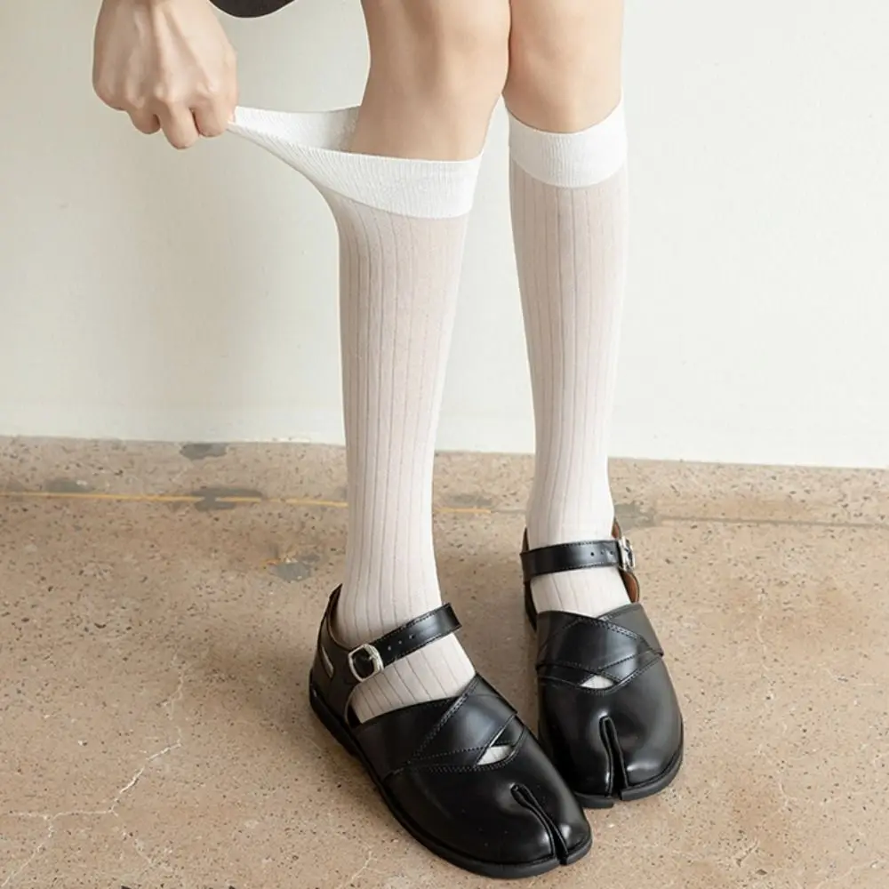 

2 пары дышащих милых носков JK с двумя пальцами, тонкие гольфы в полоску, хлопковые чулочно-носочные изделия, носки до середины икры для девочек