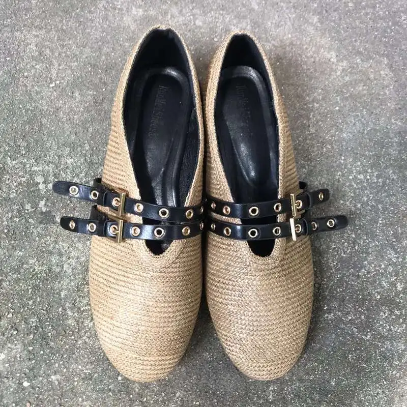 رائجة البيع المتسكعون النساء قصب نسج حذاء كاجوال مسطح للنساء عطلة أحذية الشاطئ البغال الصيف الانزلاق على حذاء مسطح في الهواء الطلق سيدة #2