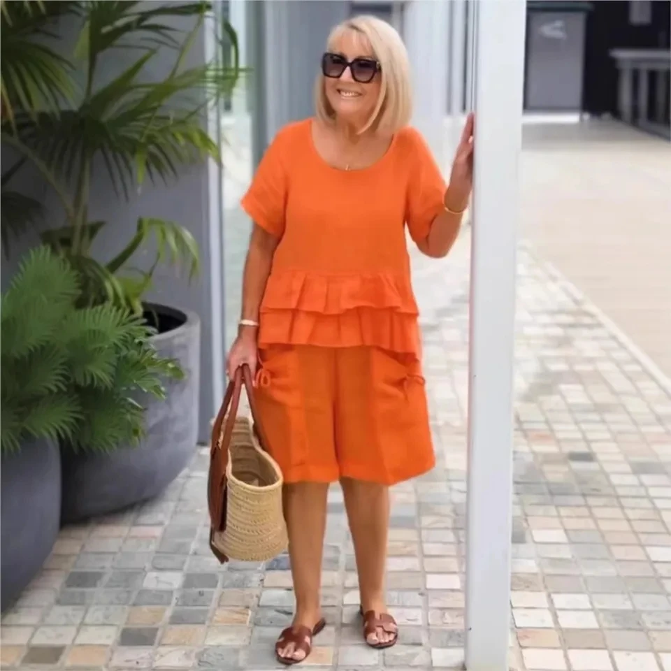 

Summer Fashion Splicing Ruffled Cotton Linen Short Sleeved Shorts 2piece Set For Women Casual Shorts Pocket SuitFemale Home Wear