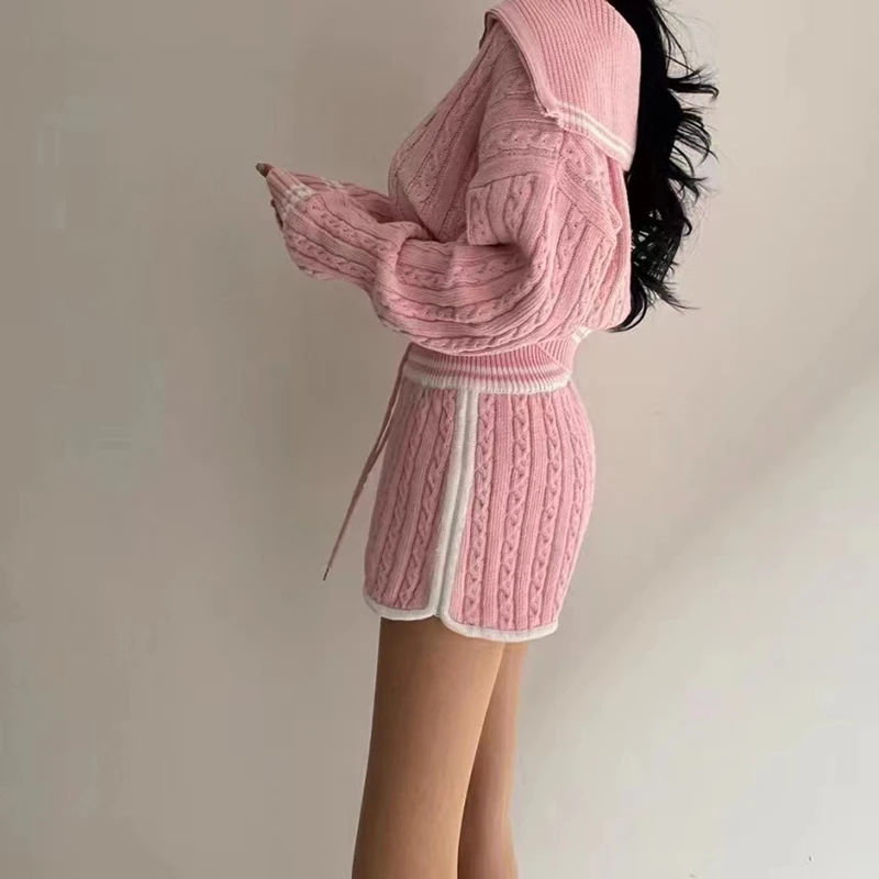 korean 2 Piece Sets Womens Outfits Fashion zipper Short tops Knitted sweater and shorts two piece set Women sexy club pink suits