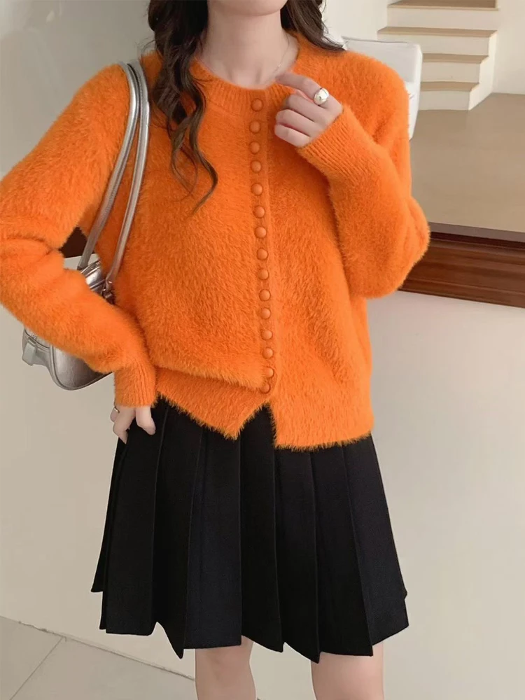 2025 خريف شتاء جديد لينة الجولة الرقبة سترة متماسكة المرأة مزاجه بسيط بلون طويلة الأكمام سترة معطف الإناث القمم #5