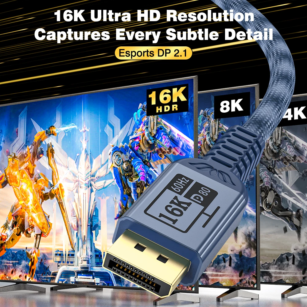 UGOURD DisplayPort 2.1 Cable DP80 80Gbps Wire 16K 60Hz 8K 240Hz 4K 480Hz Nylon Braided DP2.1 Cable 12bit HDR DSC G-Sync FreeSync