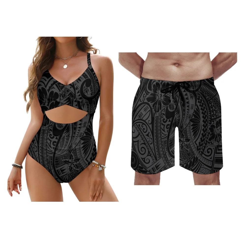 Polynesian Custom Beach Couple Lace Bikini Set Men Trunks Women Push Up Swimwear Hot Summer Vacation