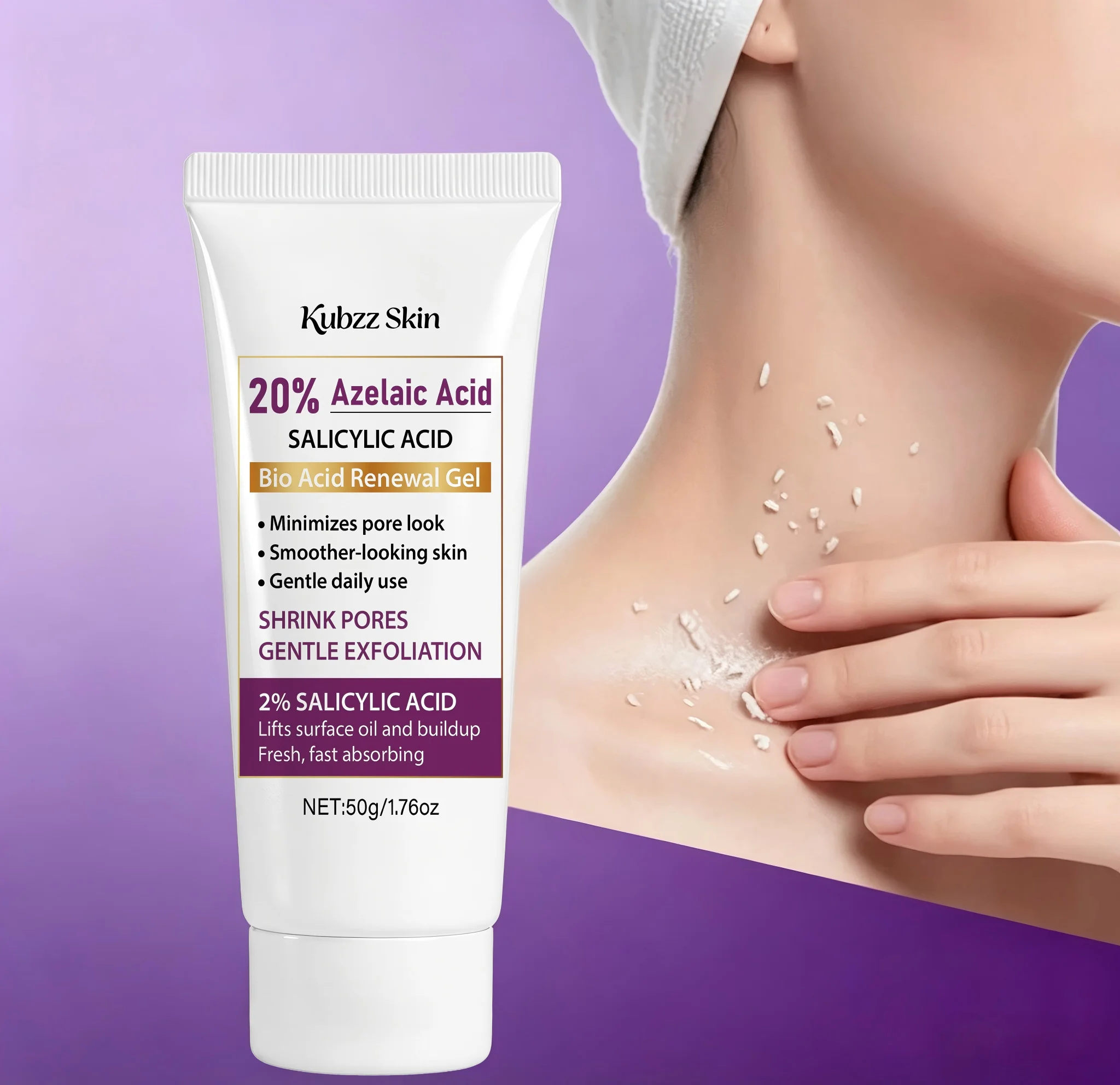Kubzz Skin Azelaic Acid Salicylic Acid Renewing Gel 50G——Pore-Shrinking Exfoliating Gel, Contains 2% Salicylic Acid, Smooths Skin, Gentle Exfoliation, Removes Surface Oil and Dirt, Refreshing and Quickly Absorbed, Suitable for Multiple Areas of the Face and Body, Unisex Daily Skincare