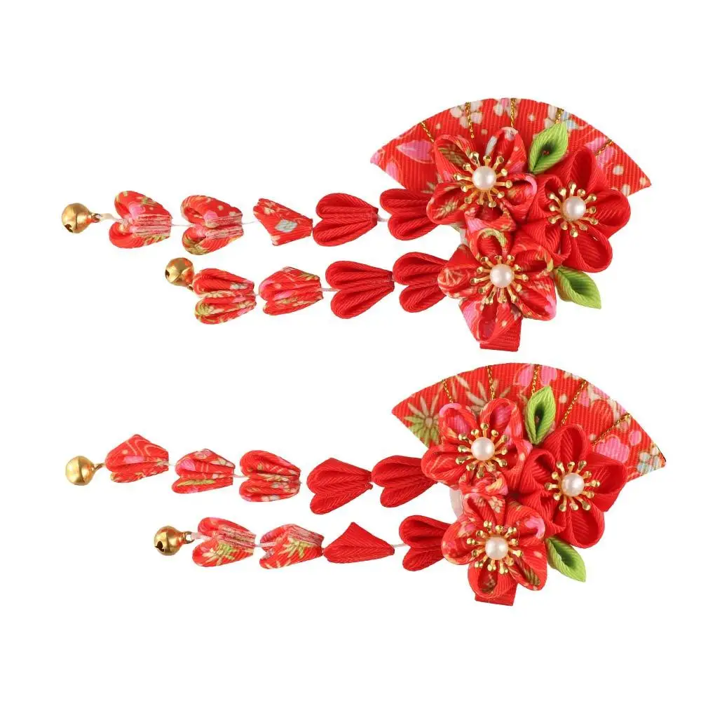 All-match Tassels Tassel Fan Hairpin Sakura Flower Japanese Kimono Headwear Girl Hair Accessories Kimono Hair Clip Children