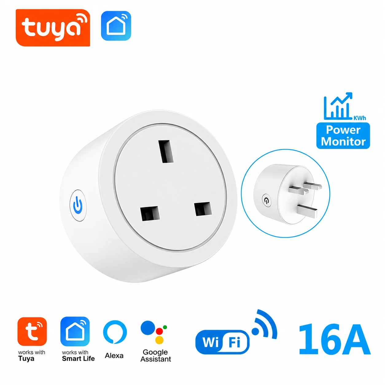 Tuya UK Smart Plug, 16A, with Energy Consumption Monitoring, App Connectivity, and Voice Control
