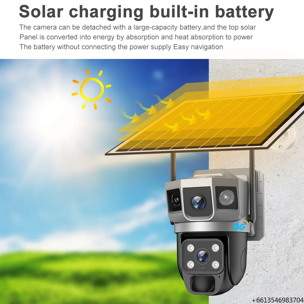 

V380 Model Brand-new Three-screen Zoom Solar Network Monitoring Camera with Dual-lens Pan-tilt Operation