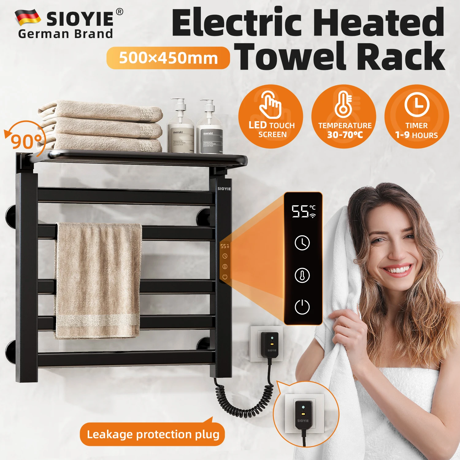 SIOYIE Electric Heated Towel Rail, Towel Warmer, Smart Bathroom Radiator with Shelf, Wall-Mounted Heater, Towel Dryer Rack Black