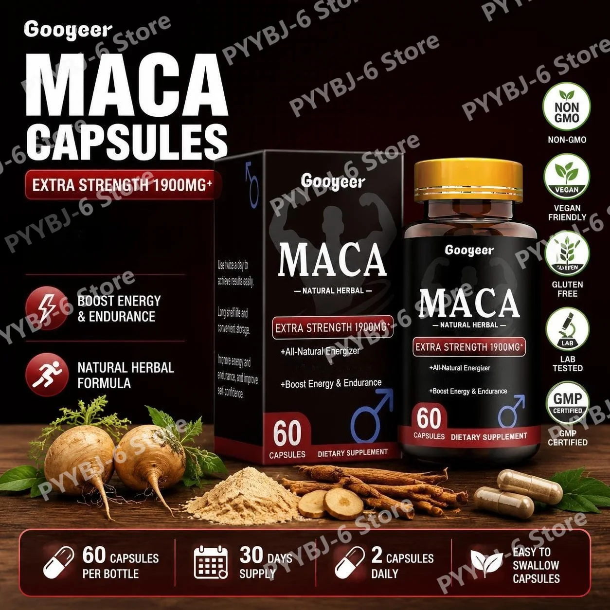 Googeer Maca Capsules with Maca Panax Ginseng and Ashwagandha Supports Energy and Endurance 60 Capsules
