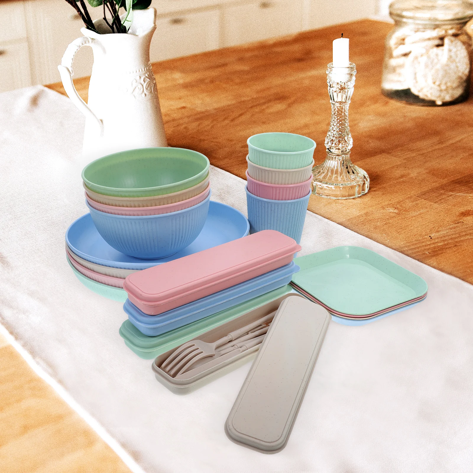 

1 комплект, обеденная посуда, портативная миска, тарелка, вилка, ложка, резак, палочки для еды, многоразовый набор дорожной посуды для пикника, кемпинга, обеда