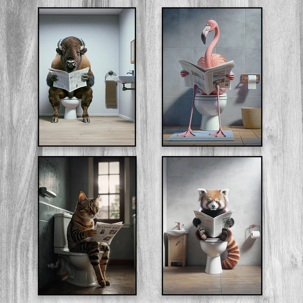 Turtle reading the newspaper on the Toilet Poser Painting Modern Funny Bathroom Decor Canvas Painting Print Flamingo Art Prints