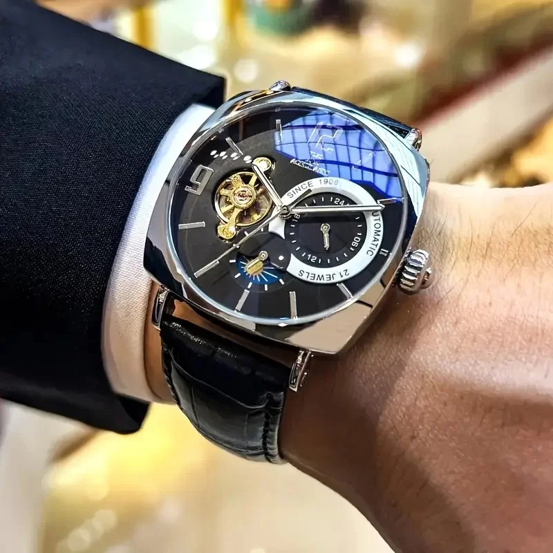 

New Stylish and Elegant Men's Vintage Mechanical Watch - Skeleton Dial, Alloy Case, Leather Strap, Automatic Winding, Men's Watch - Business Casual Wear, the Best Gift for Him, No Batteries Required