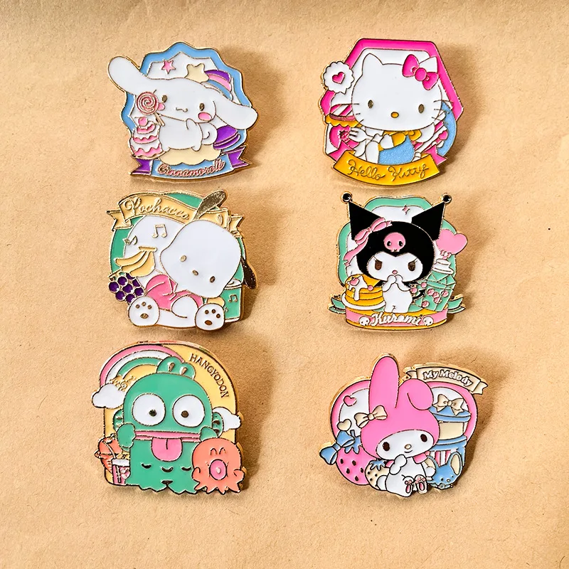 6 Pcs Wholesale Sanrio Anime Hello Kitty Enamel Pins Jacket Badge Brooch Accessories Cute Kuromi Melody Pins Girl Jewelry Gift