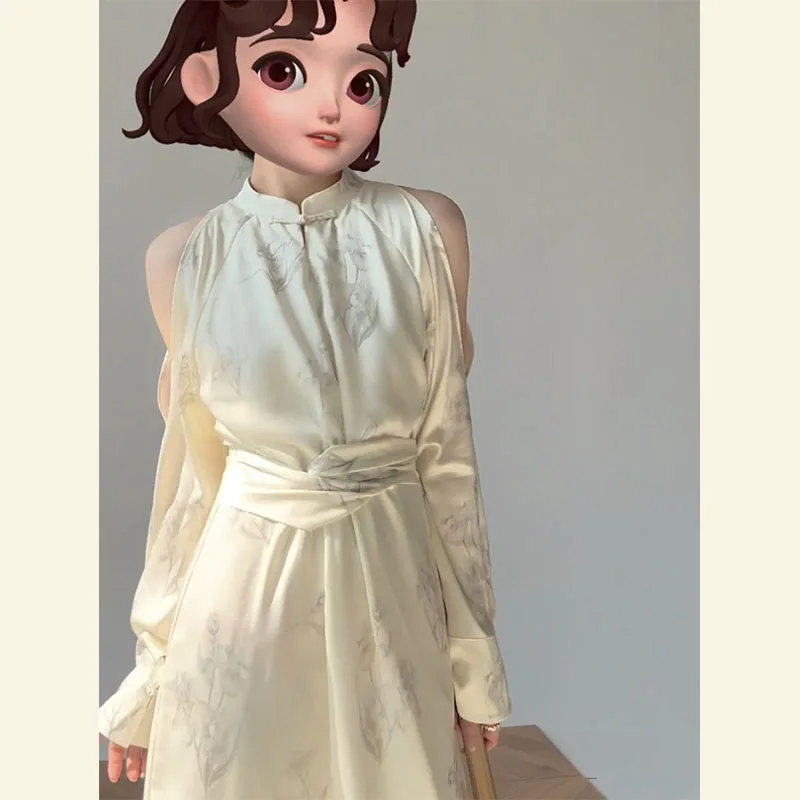 

Новое китайское платье-ципао для молодых женщин с открытыми плечами, на пуговицах, с юбкой А-силуэта, с завышенной талией, весеннее, модное