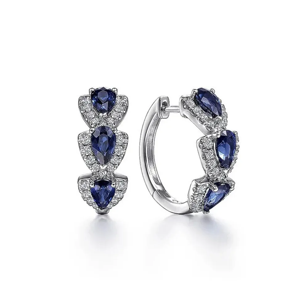 925 Sterling Silver Luxury Trendy Blue Cubic Zirconia Hoop Earrings Wedding Party Elegant Accessories for Women Jewelry Gift image 4