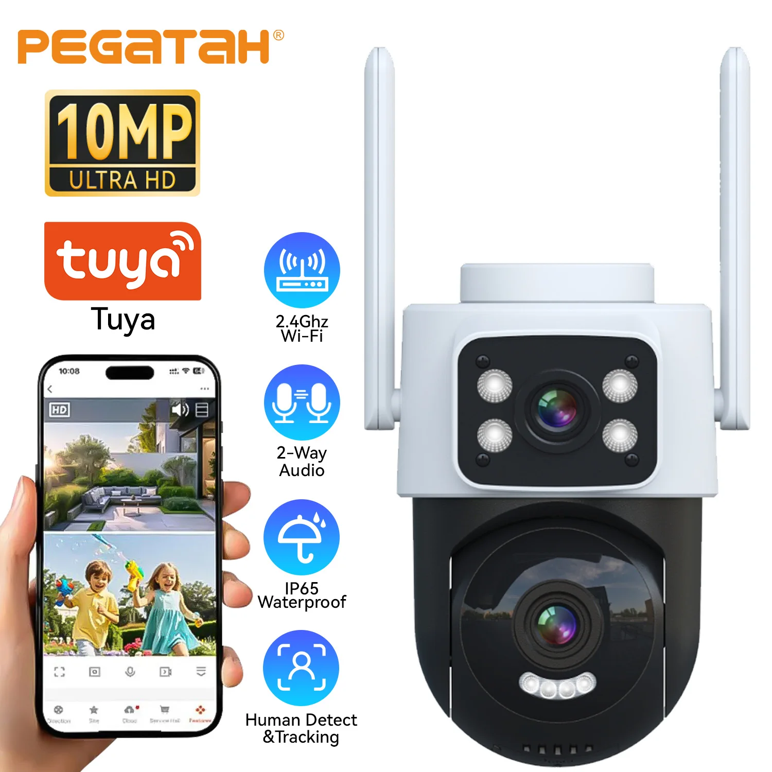 

Уличная Wi-Fi камера видеонаблюдения PEGATAH с двумя объективами, PTZ, 2K, беспроводная, с двумя экранами, автоматическим отслеживанием, приложение Tuya