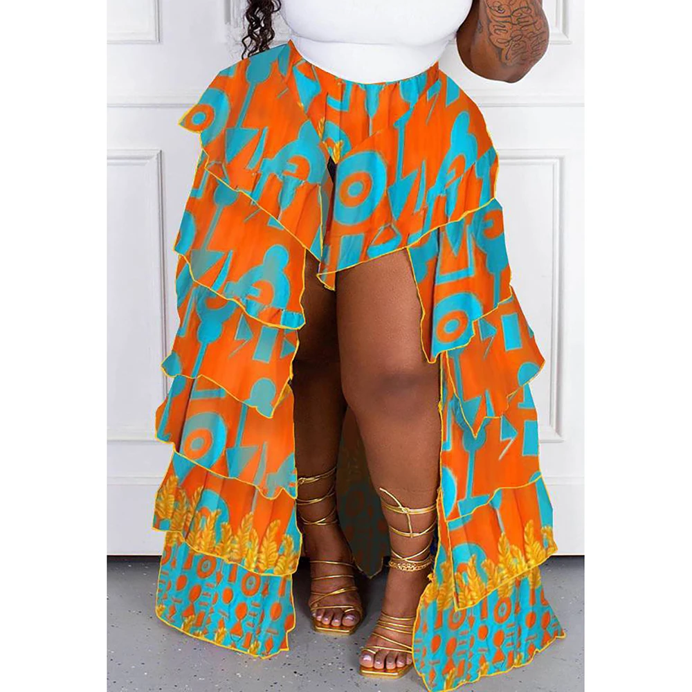 Saia de fenda multi camadas, Plus Size, Boho, Tudo Sobre Impressão, Tule Ruffle, Bainha irregular, Saia de fenda em camadas