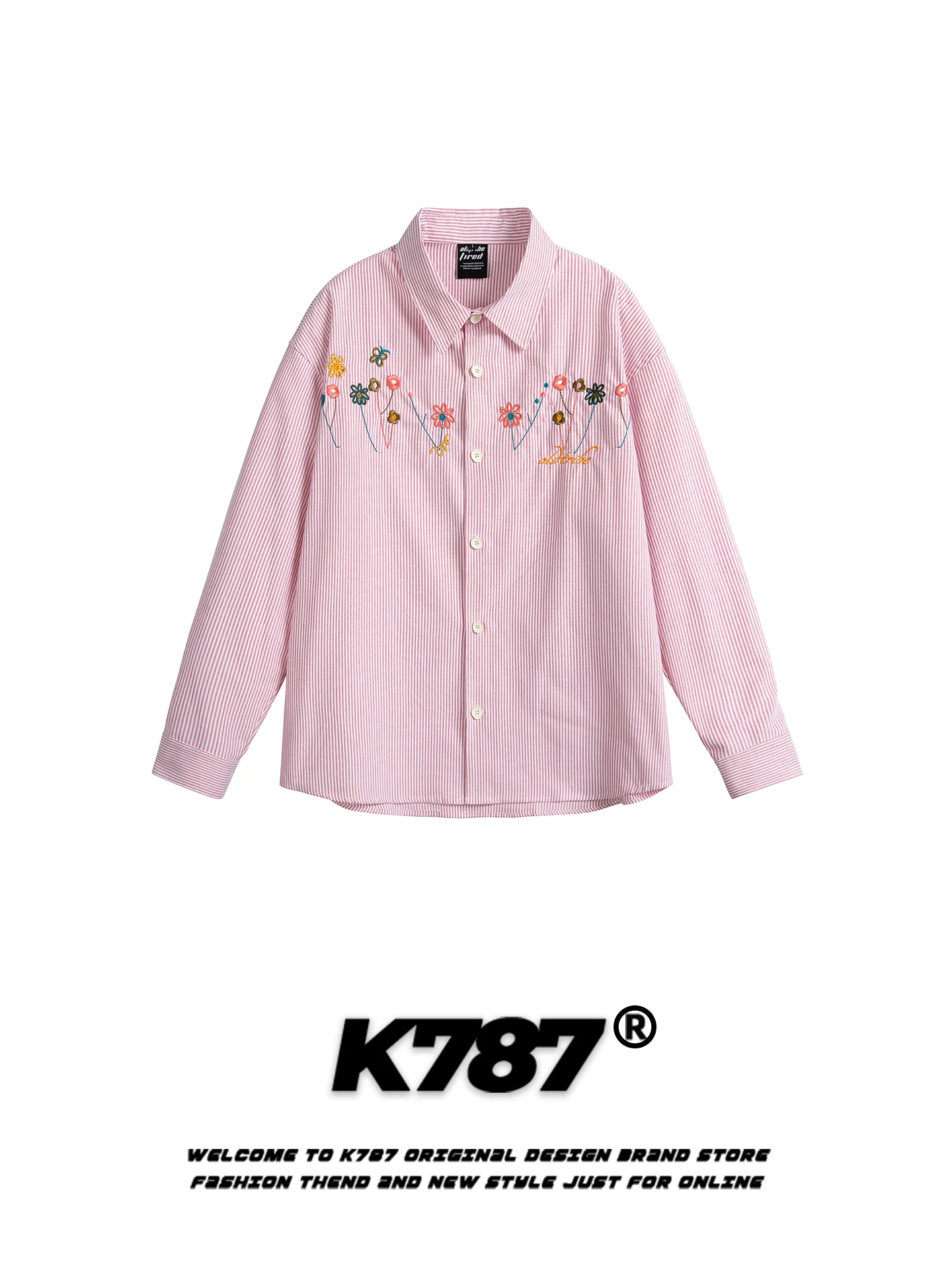 

K787 Американская ретро-рубашка с цветочной вышивкой, длинным рукавом, свободного кроя, в полоску, мягкая, в стиле INS, розовая, весенняя, молодежная, хлопковая, повседневная