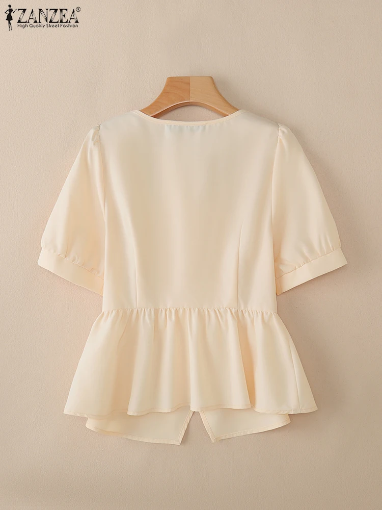 2023 ZANZEA Elegante Frauen Square Neck Puff Sleeve Arbeit Blusen Sommer Shirts Stilvolle Feste Tasten Tunika Tops Taille OL Blusas