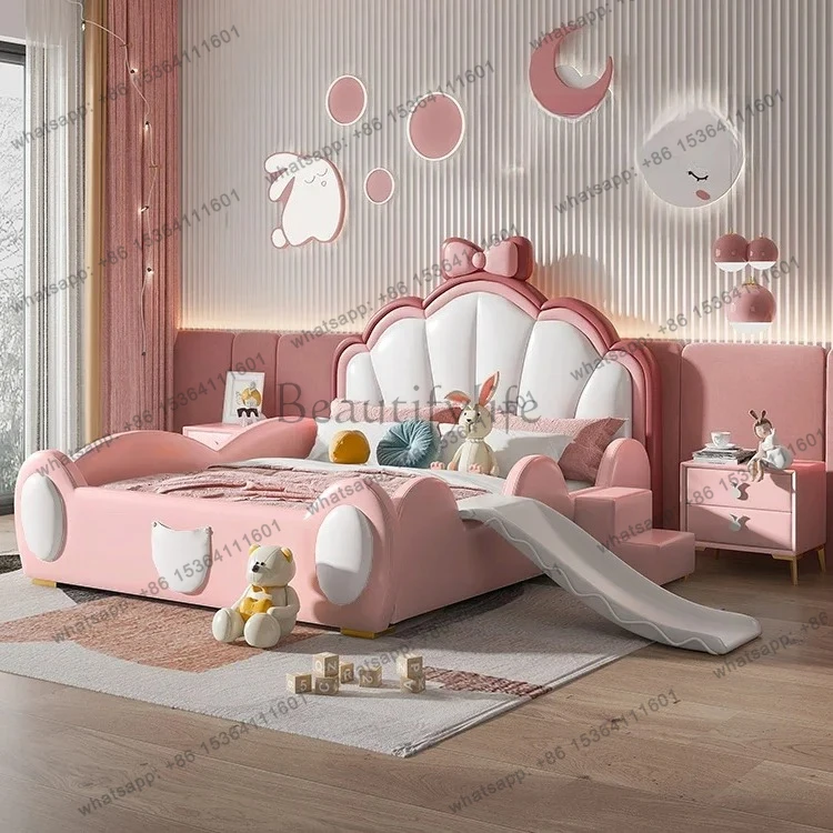 

Children's bed girl princess bed with guardrail slide solid wood single dream girl creative pink girl bed