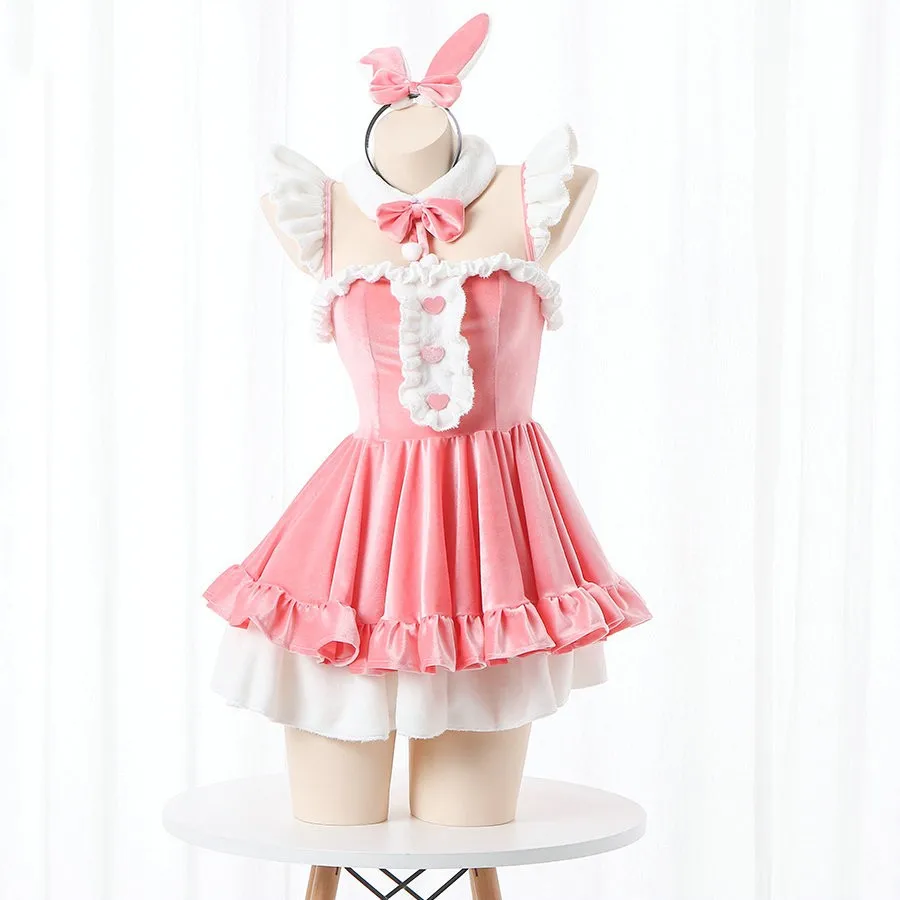 Kawaii Anime School Girl Halloween Bunny costumi Cosplay Soft Velvet Sweetheart Lolita Princess Dress Christmas Maid Outfits