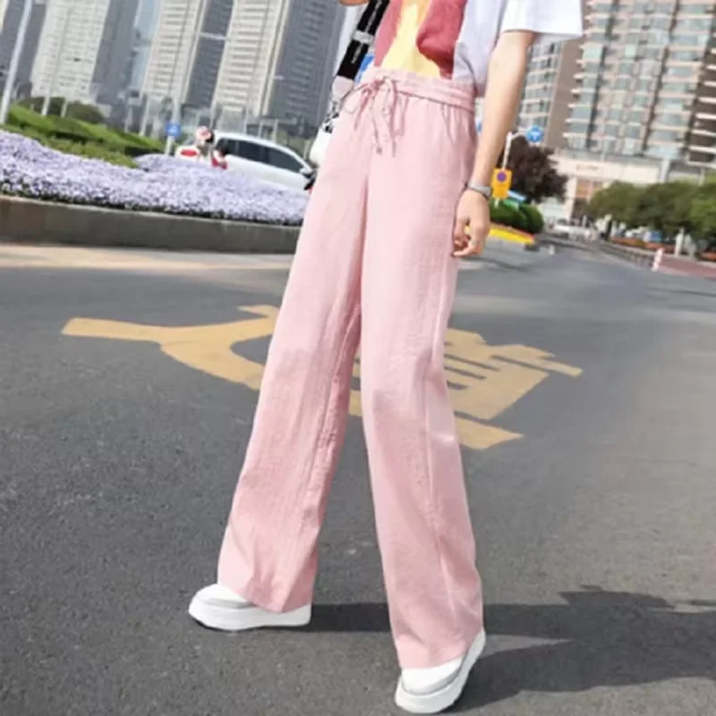 2024 Spring/Summer New Women\'s Korean Edition Wide Leg Pants with High Waist and Ice Silk Drop Feel Nine Point Straight Leg Pant