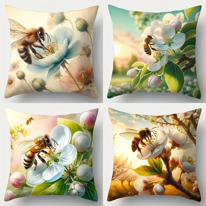 

Bees' flower-pollinating double-sided Printed pillow cover Short plush Suitable living rooms bedrooms sofas throw cushion cover