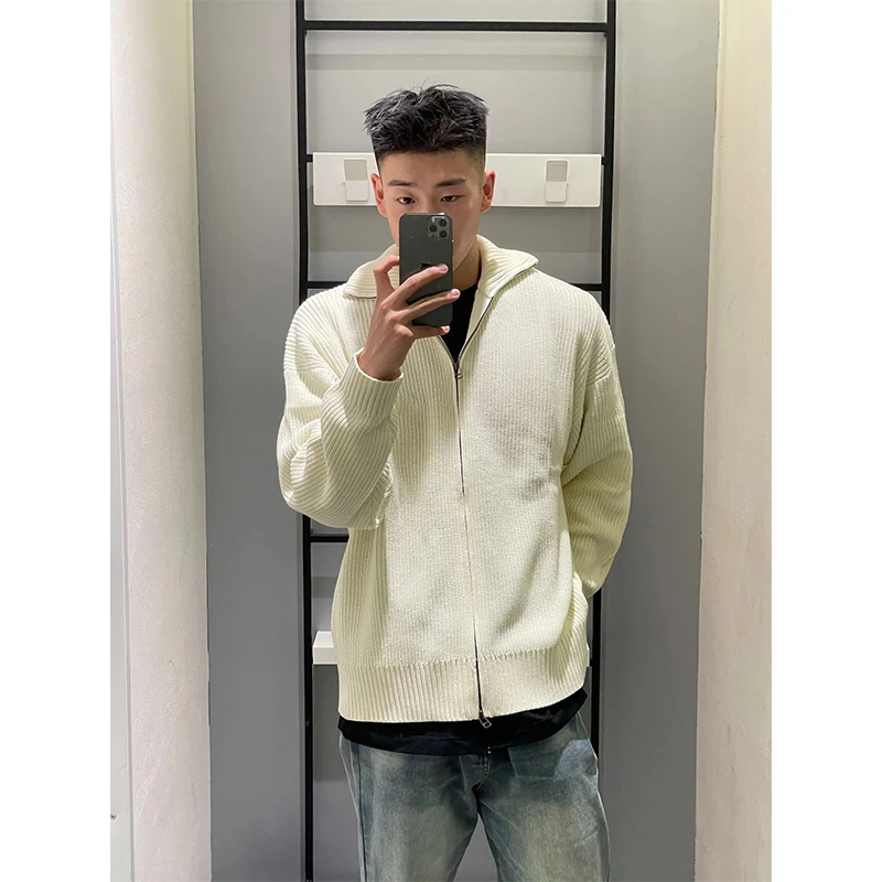 

Мужской вязаный кардиган цвета хаки с двойной молнией, осенне-зимний, в американском ретро-стиле, свободного кроя, повседневный, в стиле кэжуал