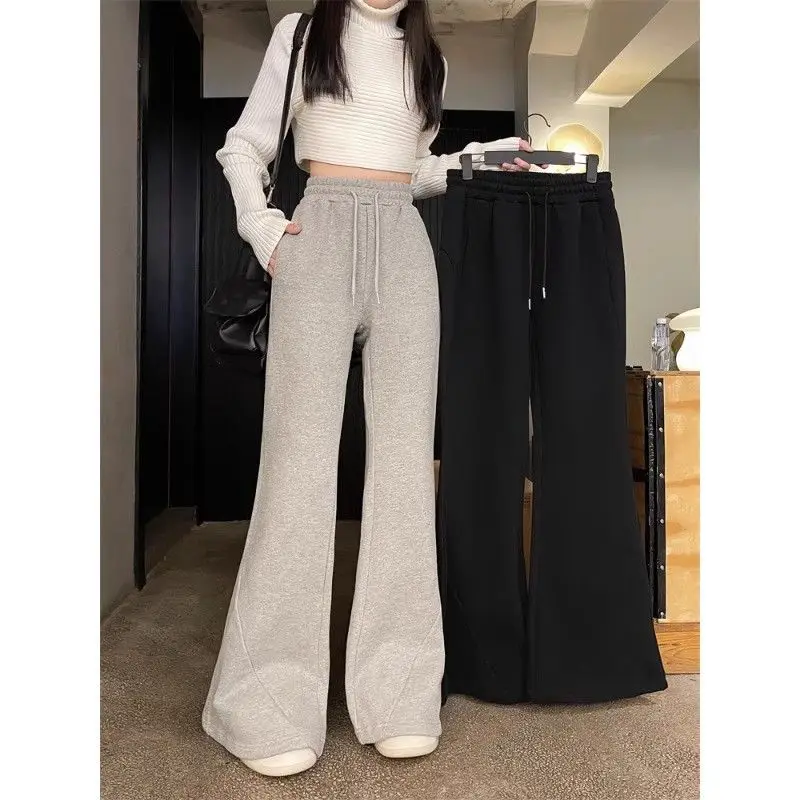 

Модные женские брюки-клеш в Корейском стиле, модель Y2K, серые, большие размеры, винтажные зимние теплые толстые джоггеры, широкие брюки