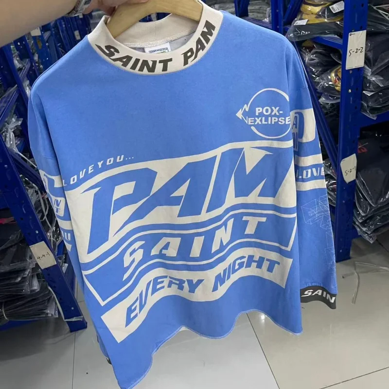 Blue Cotton Long Sleeve T-Shirt Men Saint All Over Big Letter Print Oversized Racing Street Top