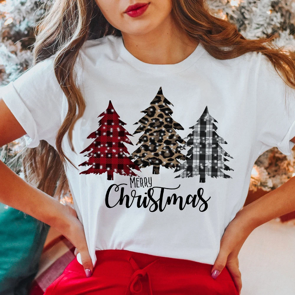 

Merry Christmas Tree Printed T-shirts Tops Xmas Party Women Short Sleeve Shirt Graphic Tee Female Winter Holiday Clothes Outfits