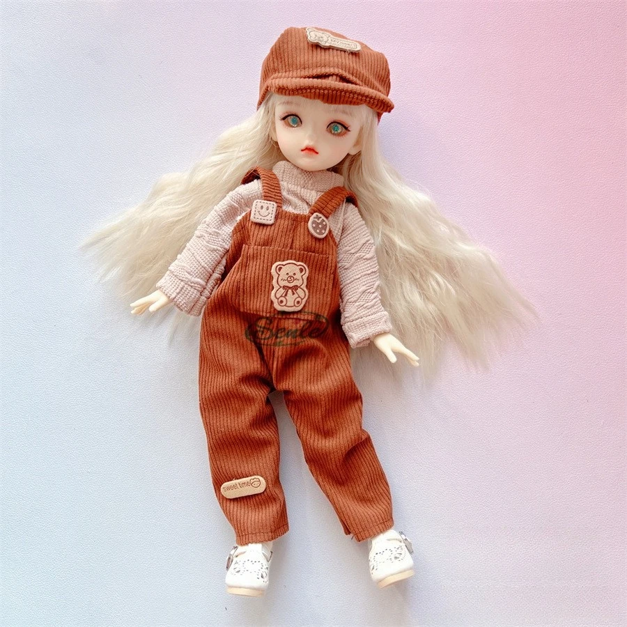 Pink Purple Corduroy Overalls 6 Points BJD Doll Cute Bear Patch Flutter Sleeve Clothes Bucket Hat 30cm Dolls Dress Up Set Gifts