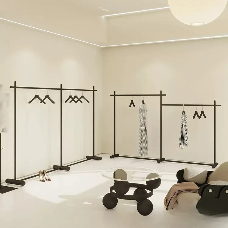 

Simple matte black wrought iron, side hanging shelves, floor-to-ceiling store, middle island shelf.