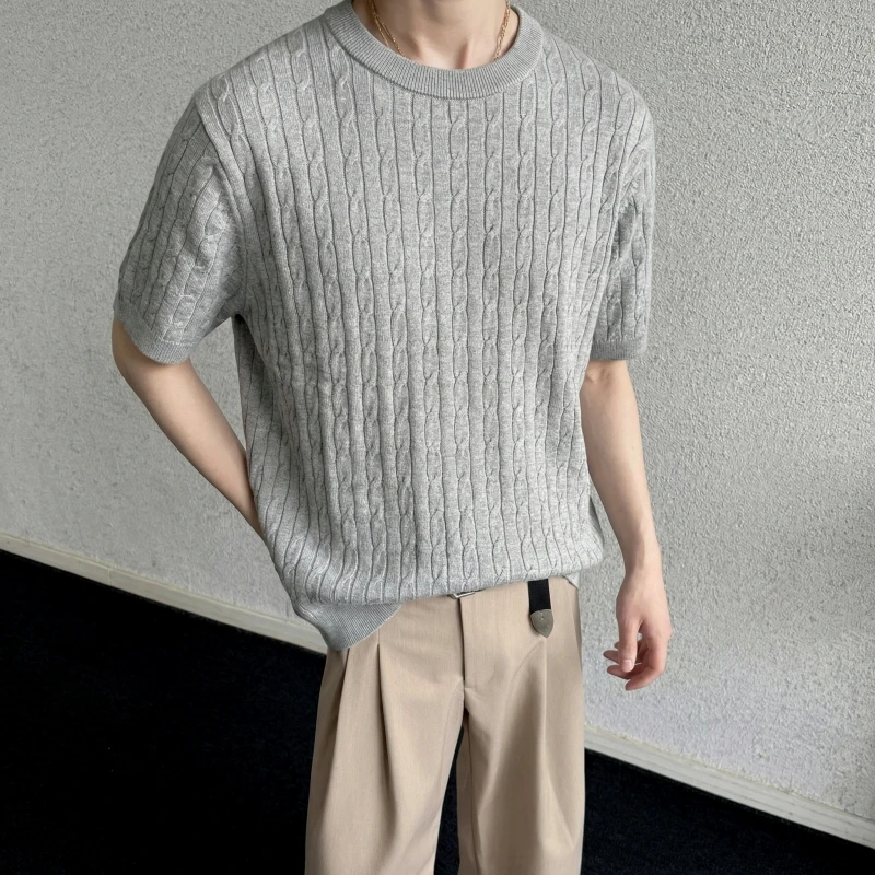 

Summer Short Sleeved T-shirt Men Slim Fit Fashion Casual Knitted T-shirt Men Streetwear Korean Round Neck T Shirt Mens Top