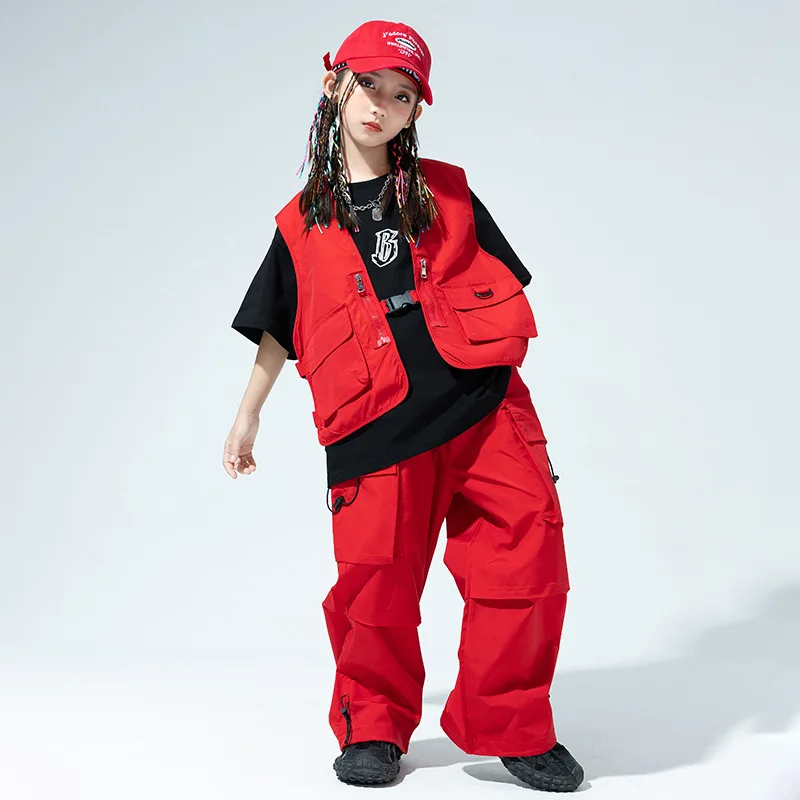 Kids Hip Hop Clothing Sets Red Waistcoat + T-shirt + Cargo Pants Teen Boys Street Dance Costumes Girls Jazz Performance Suits