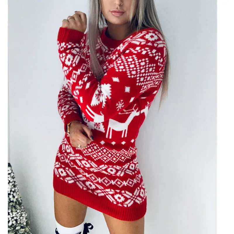 

Women's Christmas Theme Knitted Mini Dresses Fashion Autumn Winter New Pullover Slim Mini Dress Christmas Style Sweater Vestidos