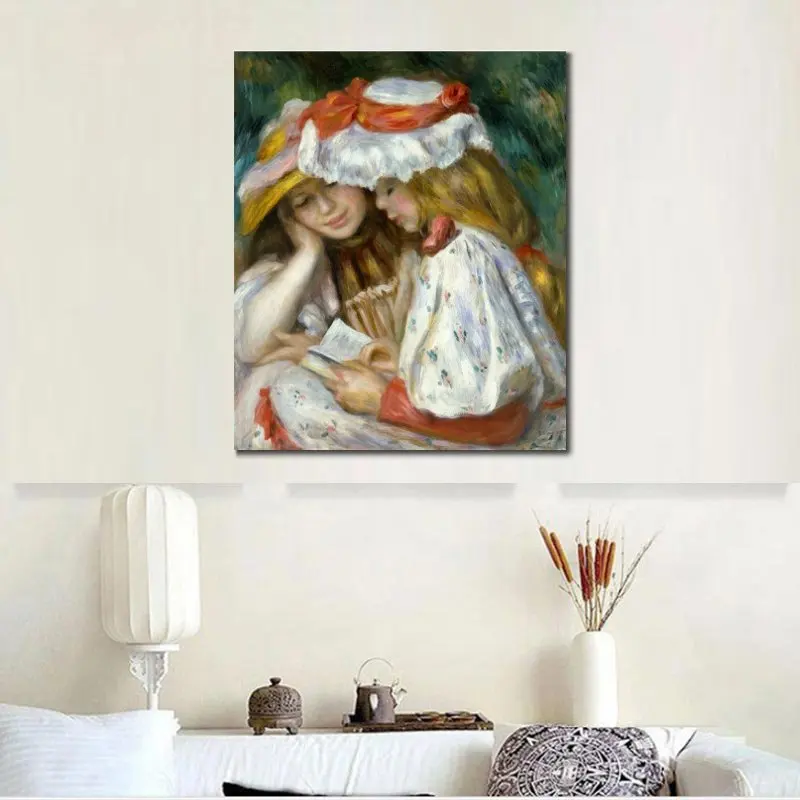 Figure Painting Canvas Art Two Girls Reading Pierre-Auguste Renoir Handmade Modern Artwork for Kid Room Study Decor High Quality