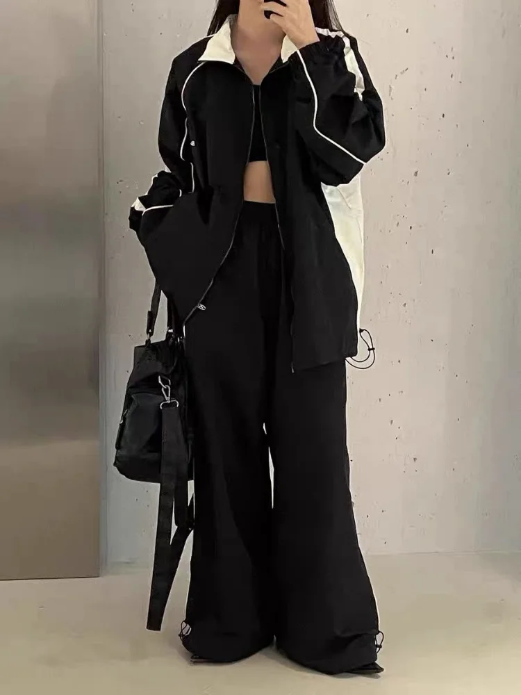 Vintage Y2K Black Joggers Set Women Retro Streetwear Hip Hop Tracksuit Oversize Zipper Sports Jacket Harajuku Sweatpants Suits