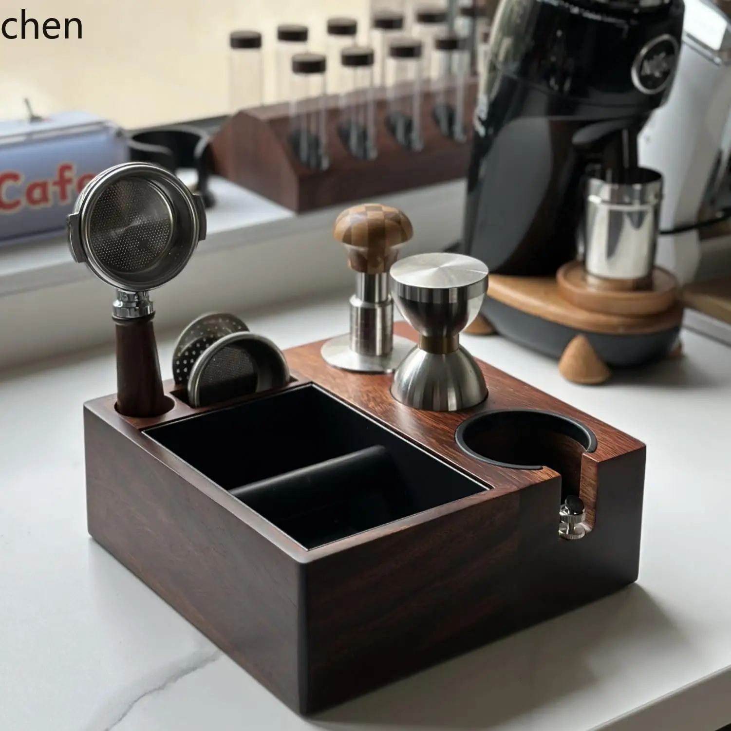 

YXY Multifunctional Coffee Grounds Knock Box Solid Wood Press Powder Base Handle Stand Storage