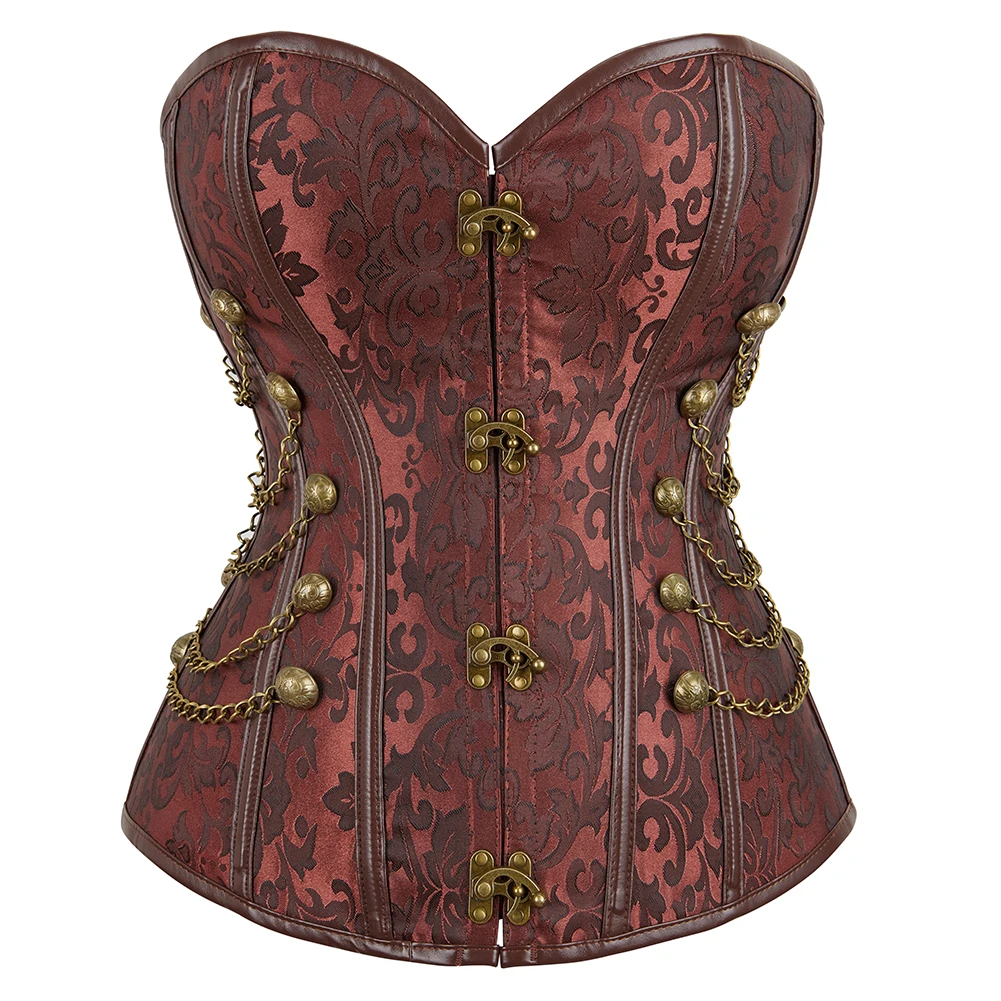 Steampunk Overbust Corset Waist Control Gothic Cincher with Chains Embroidery Bustier Top