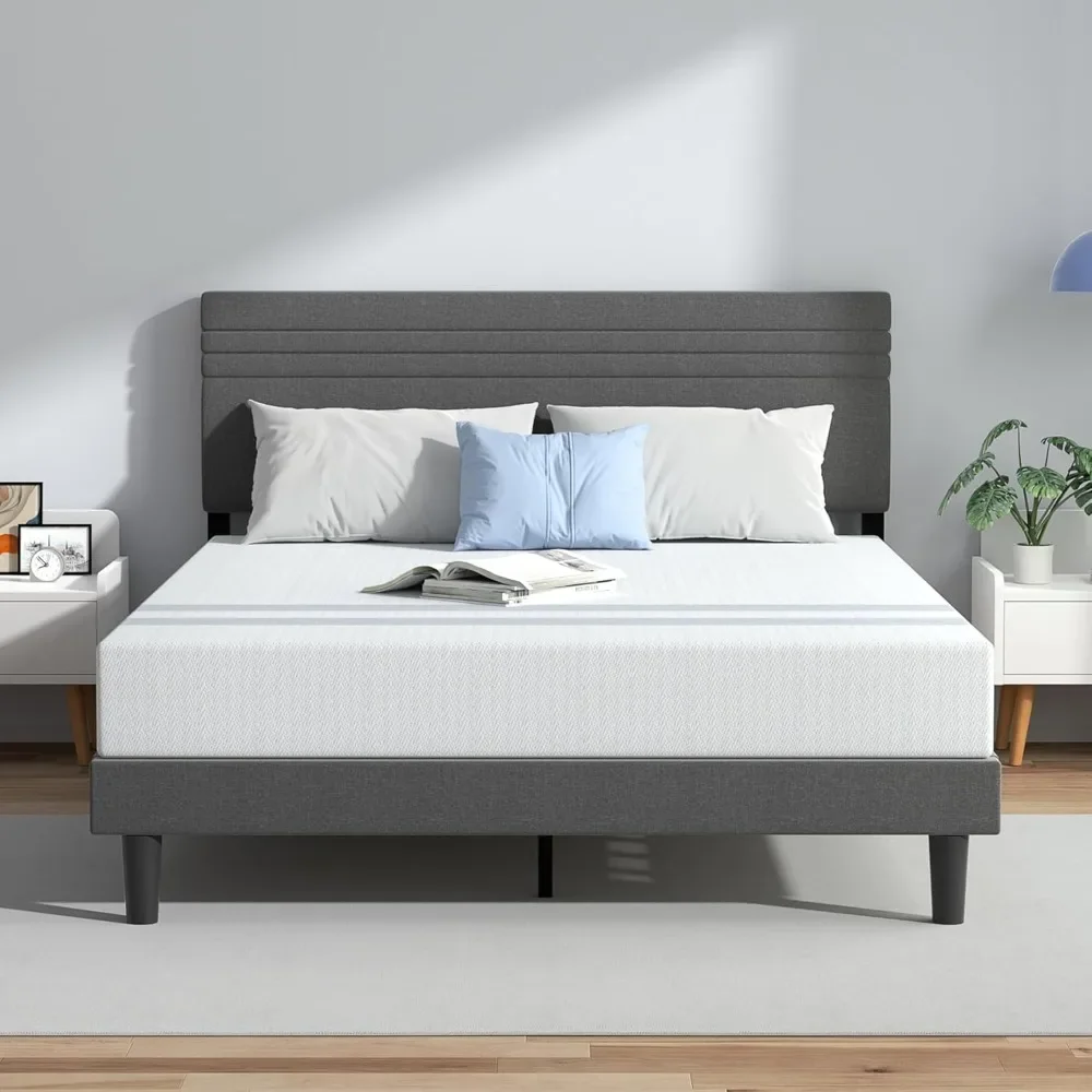 

Platform Bed Frame with Adjustable Headboard, Heavy Duty Metal Frame and Wooden Slats Support, Linen Fabric Wrap