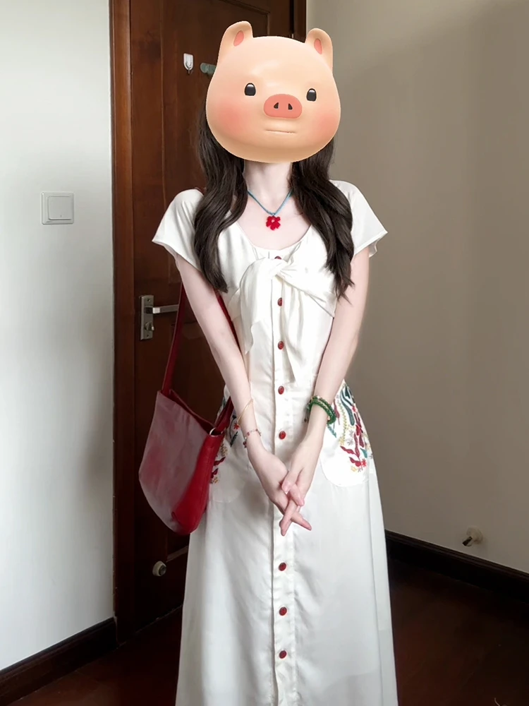 Robe brodée rétro blanche pour femmes, nouvelle collection été 2021, taille haute, ligne a, Dr Ele, jupe longue qui emettant la taille, douce