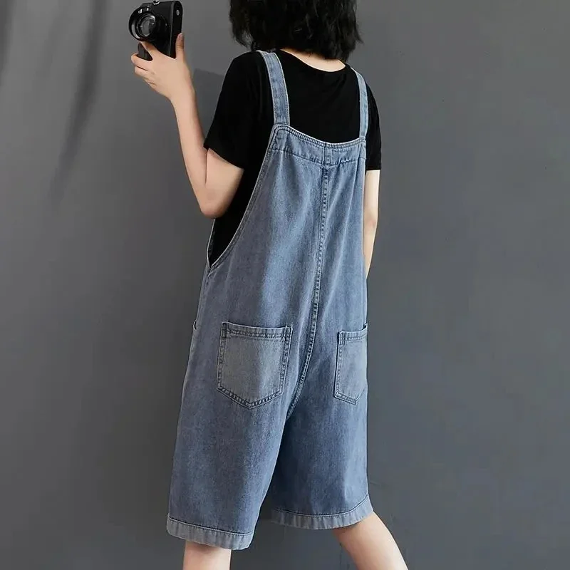 Rompers Women Summer Baggy Solid Wide-leg Overalls Students Korean Style Big Pocket Jeans Jumpsuits Female Shorts Playsuit V1241