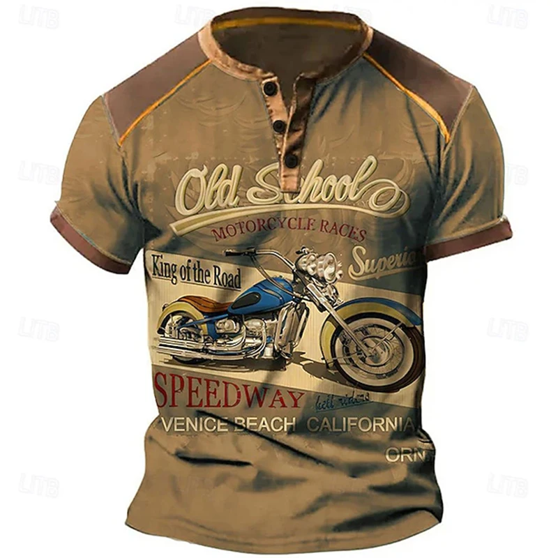 Vintage Men's Henry T-Shirt Short-Sleeve Patchwork Top With Retro Motorcycle Print Streetwear-Style Casual Button-Down Shirt