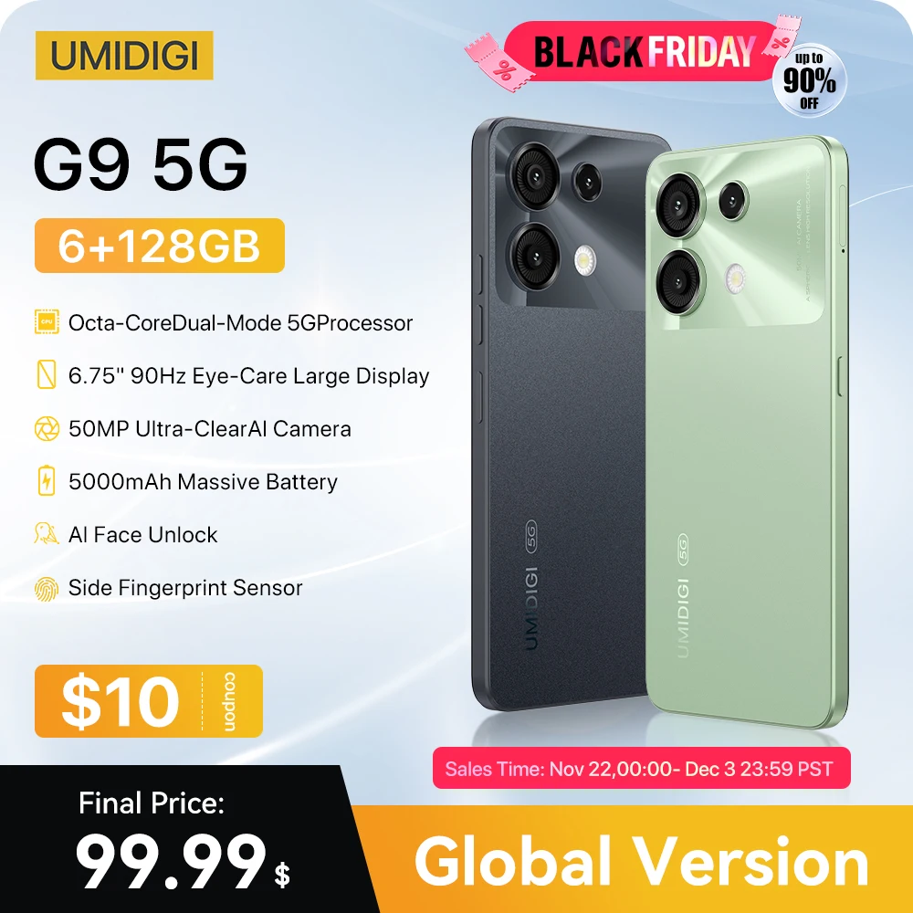 UMIDIGI G9 5G 스마트폰, 5G 휴대폰, 안드로이드 14, 8 코어, 6GB, 256GB, 6.75 인치, 90Hz HD + 50MP, 5000mAh, 18W 충전 